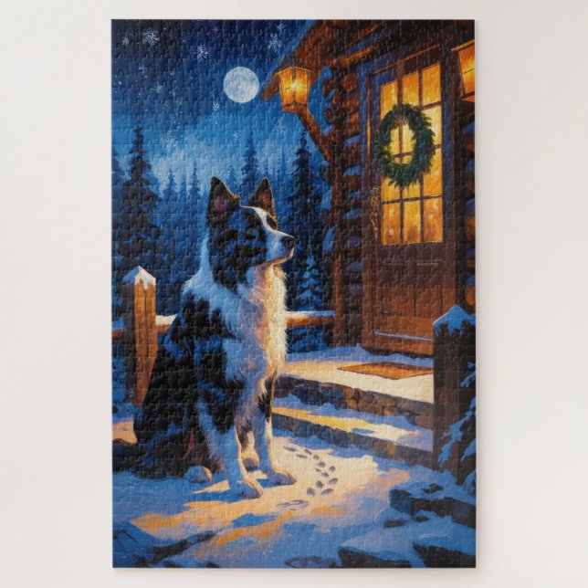 Puzzle Border Collie Con Luces De Navidad Fiesta (Vertical)
