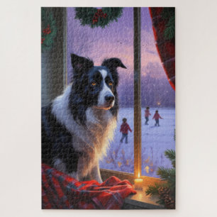 Puzzle Border Collie Con Luces De Navidad Fiesta