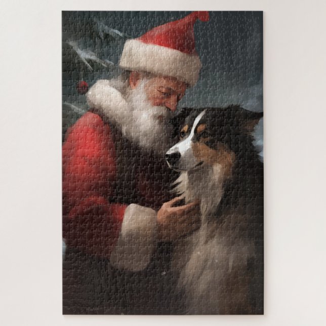 Puzzle Border Collie con Santa Claus Festivo de Navidad (Vertical)