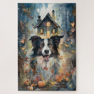 Puzzle Border Collie de Halloween con calabazas espeluzna