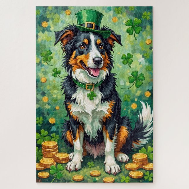 Puzzle Border Collie Día de San Patricio Perro Afortunado (Vertical)