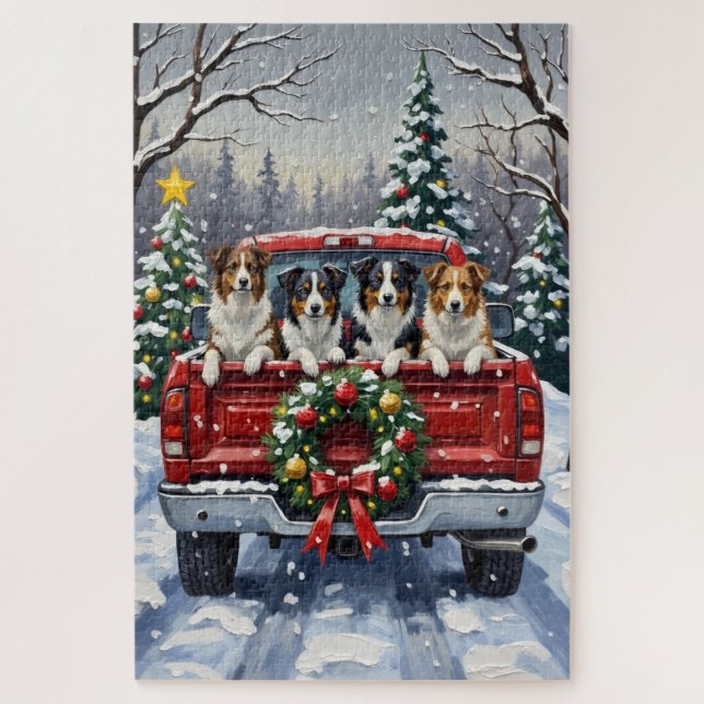 Puzzle Border Collie Navidad Camión Rojo Vacaciones (Vertical)
