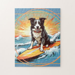 Puzzle Border Collie negro y blanco haciendo surf