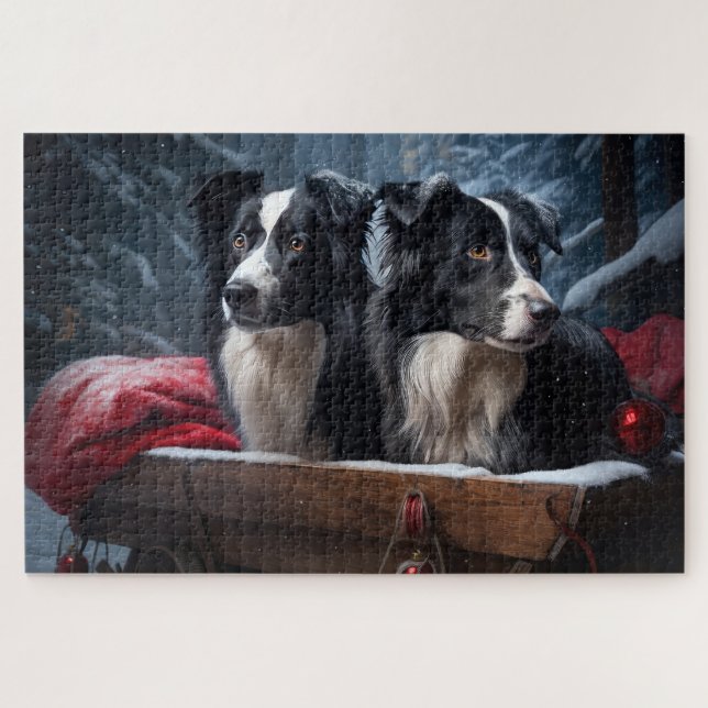 Puzzle Border Collie Nevado Trineo Decoración Navidad   (Horizontal)