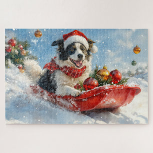 Puzzle Border Collie Perro en Trineo Deja que Nieve Navid
