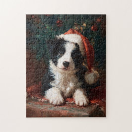 Puzzle Border Collie Puppy Christmas Painting Jigsaw Pu