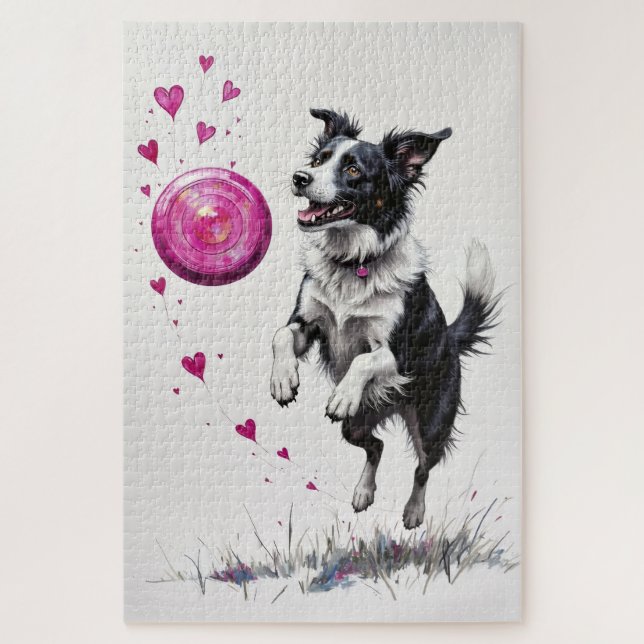 Puzzle Border Collie Valentine's Day Heart Disc Catch (Vertical)