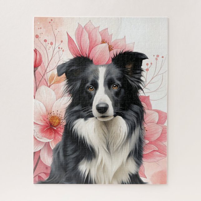Puzzle Border Collie y Lirios Rosados Audaces (Vertical)