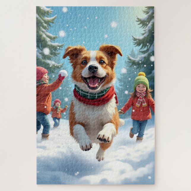 Puzzle Border Terrier Snowball Fight Christmas Painting (Vertical)
