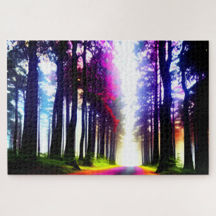 Puzzle Bosque arcoiris encantado con sol que brilla a tra