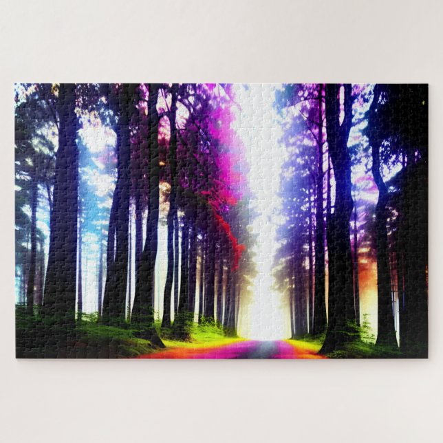 Puzzle Bosque arcoiris encantado con sol que brilla a tra (Horizontal)