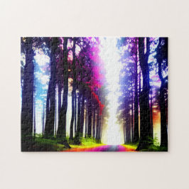 Puzzle Bosque arcoiris iluminado con árboles de silueta