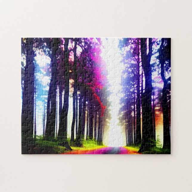 Puzzle Bosque arcoiris iluminado con árboles de silueta (Horizontal)