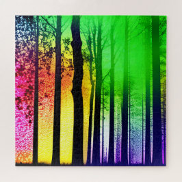 Puzzle Bosque arcoiris y árboles de silueta negra