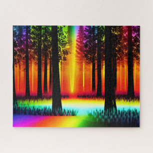 Puzzle Bosque arcoiris y resplandor Naranja de siluetas d