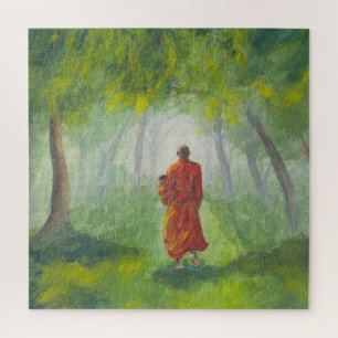 Puzzle Bosque asiático, pintura de monjes acrílicos.