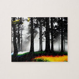 Puzzle Bosque blanco y negro con encanto arcoiris