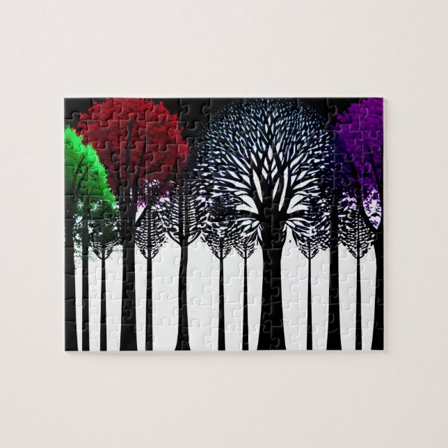 Puzzle Bosque contemporáneo de silueta negra con color (Horizontal)