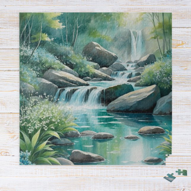 Puzzle Bosque Corriente Bosque Cascadas Acuarela (A jigsaw puzzle with illustration of a woodland river in a watercolor style)