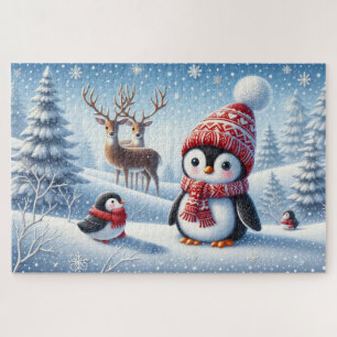 Puzzle Bosque cubierto de nieve con pingüinos y renos