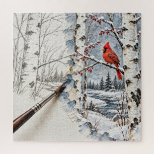 Puzzle Bosque de abedules en invierno y pintura de carden