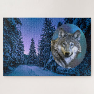 Puzzle Bosque de invierno cubierto de lobo y nieve bajo l