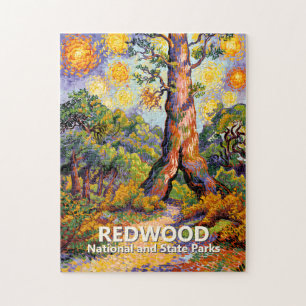 Puzzle Bosque de secoya rojo retro Van Gogh colorido
