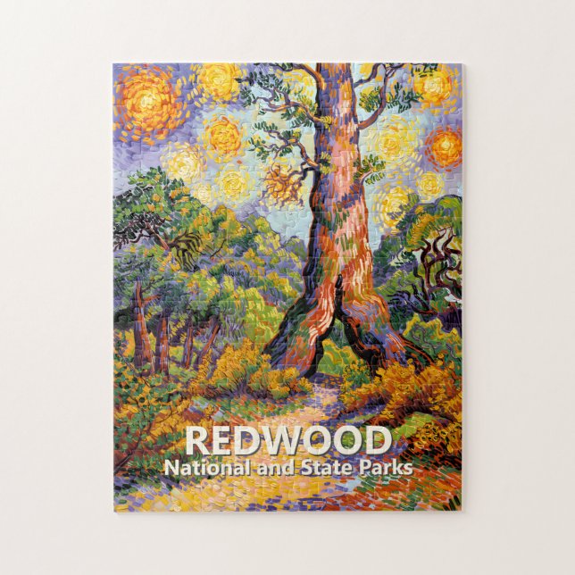 Puzzle Bosque de secoya rojo retro Van Gogh colorido (Vertical)