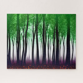 Puzzle Bosque de silueta con hojas verdes y terreno púrpu