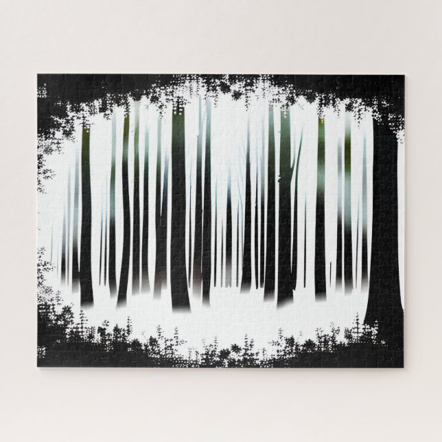 Puzzle Bosque de silueta de invierno blanco y negro (Horizontal)