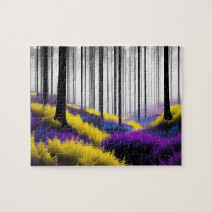 Puzzle Bosque encantado con diseño morado y amarillo