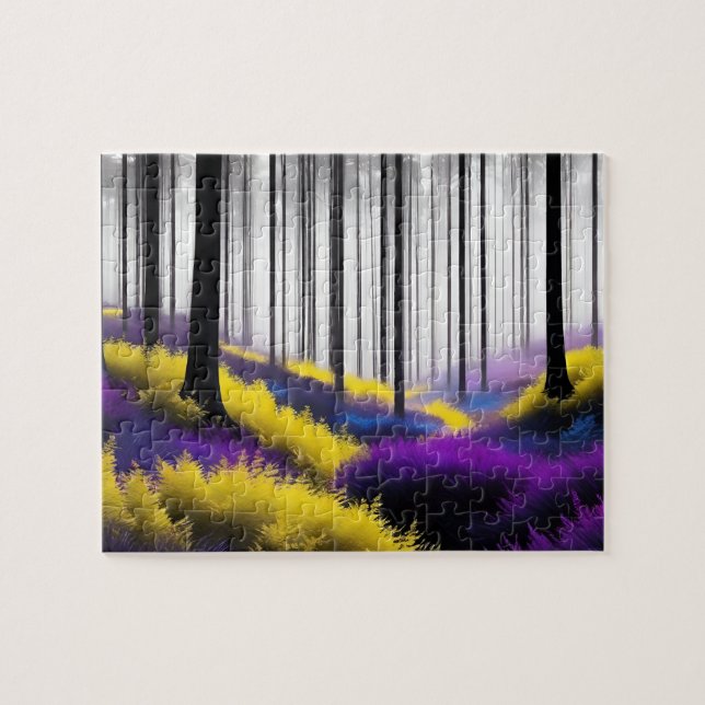 Puzzle Bosque encantado con diseño morado y amarillo (Horizontal)