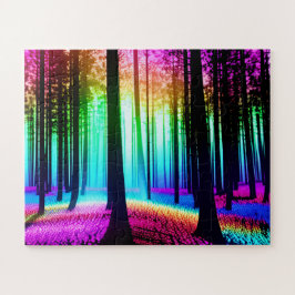 Puzzle Bosque encantado de arcoiris con siluetas de árbol