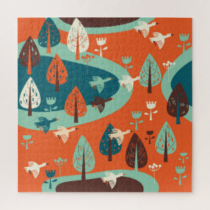 Puzzle Bosque Geese: La escena de la naturaleza vintage