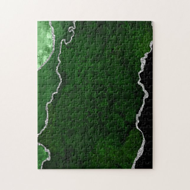 Puzzle Bosque Glamuroso Mármol Verde Chic Brillo de Plata (Vertical)