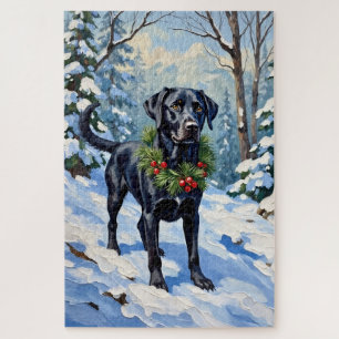 Puzzle Bosque Sereno de Navidad Invernal con Labrador Neg