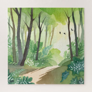 Puzzle Bosque Verde Floreciente   Acuarela de la Naturale