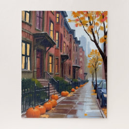 Puzzle Boston Autumn Brownstones Pumpkin Watercolor