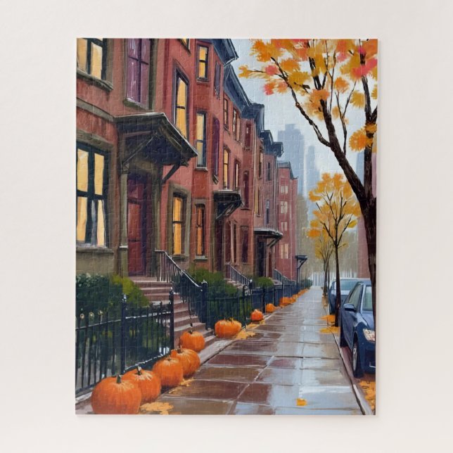 Puzzle Boston Autumn Brownstones Pumpkin Watercolor (Vertical)