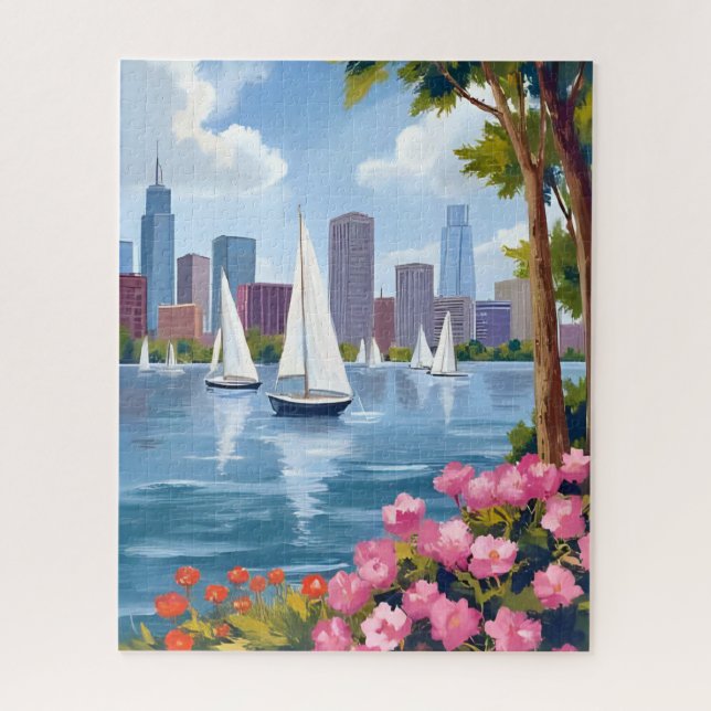 Puzzle Boston Harbor Spring | Boat Bay City Skyline (Vertical)