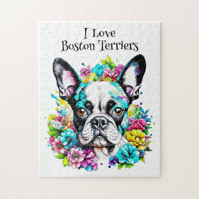 Puzzle Boston Terrier and Flowers (Vertical)