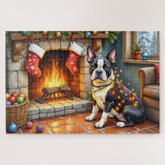 Puzzle Boston Terrier Chimenea con Luces de Navidad (Horizontal)
