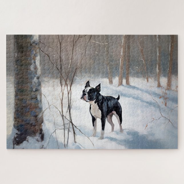 Puzzle Boston Terrier Deja que nieve Navidad (Horizontal)