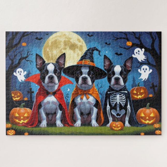 Puzzle Boston Terrier Dogs Calabaza Halloween Funny (Horizontal)