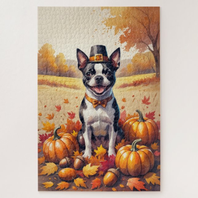 Puzzle Boston Terrier En Otoño Deja El Arte De Acción De  (Vertical)