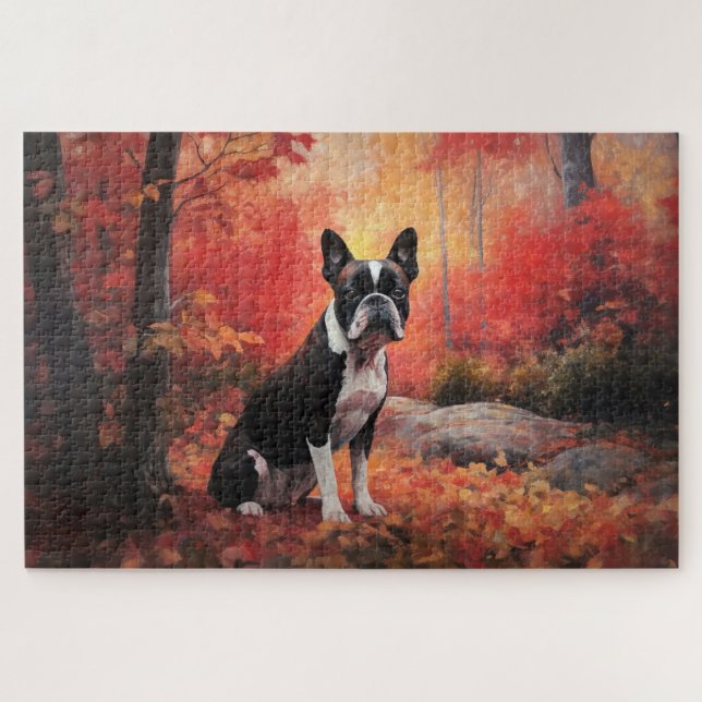 Puzzle Boston Terrier en otoño hojas caídas inspiran (Horizontal)
