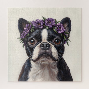 Puzzle Boston Terrier en una corona de flores moradas