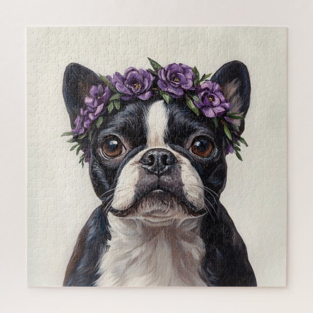 Puzzle Boston Terrier en una corona de flores moradas (Vertical)