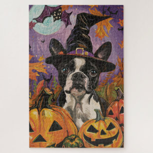 Puzzle Boston Terrier espeluznante de Halloween bruja y c