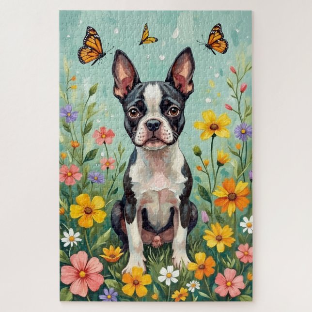 Puzzle Boston Terrier Jardín Botánico de Primavera Perro (Vertical)